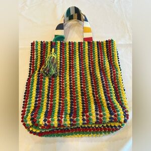 Zara Accessories Multicolor Striped Woven Tote Bag with Fun Handles and Tassel